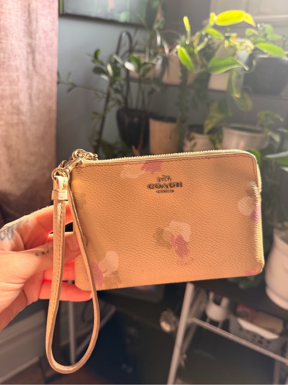 COACH Tan Floral Leather Wristlet